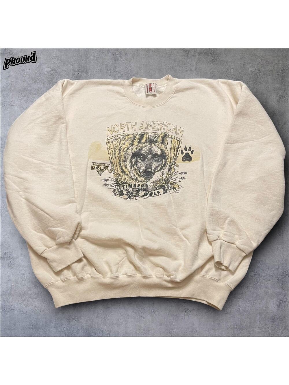Vintage Timber Wolf Sweatshirt Mens XL White Crewneck Graphic Del Sol 1998